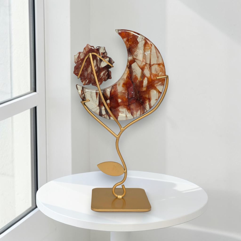 Back view of fire quartz crescent moon with flower