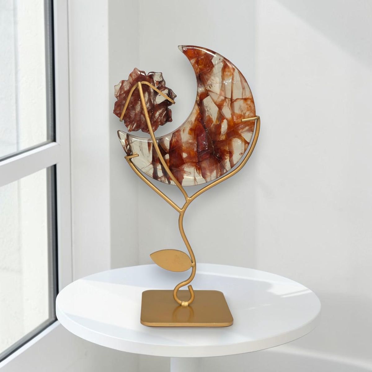 Back view of fire quartz crescent moon with flower