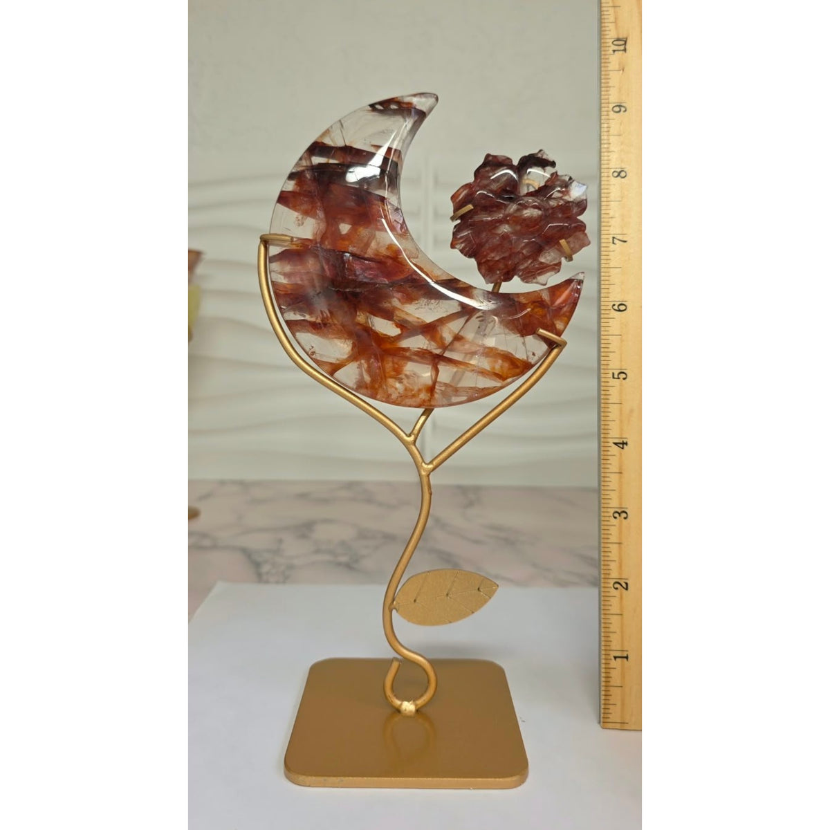 Fire quartz crescent moon with flower detail