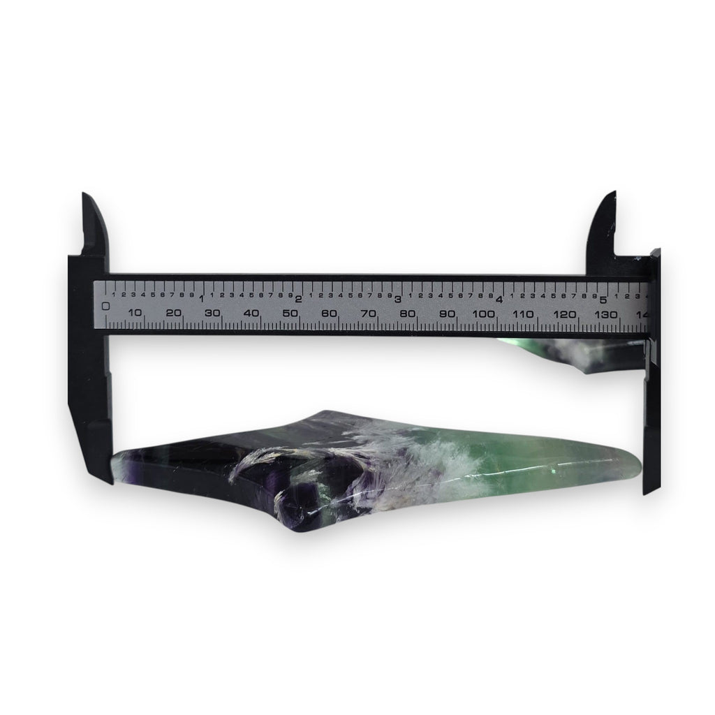 Fluorite star sculpture with calipers, dark purple and green