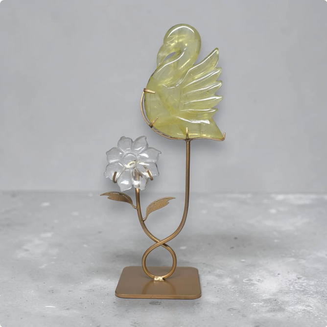 Citrine Swan & Clear Quartz Flower Crystal Set with Stand