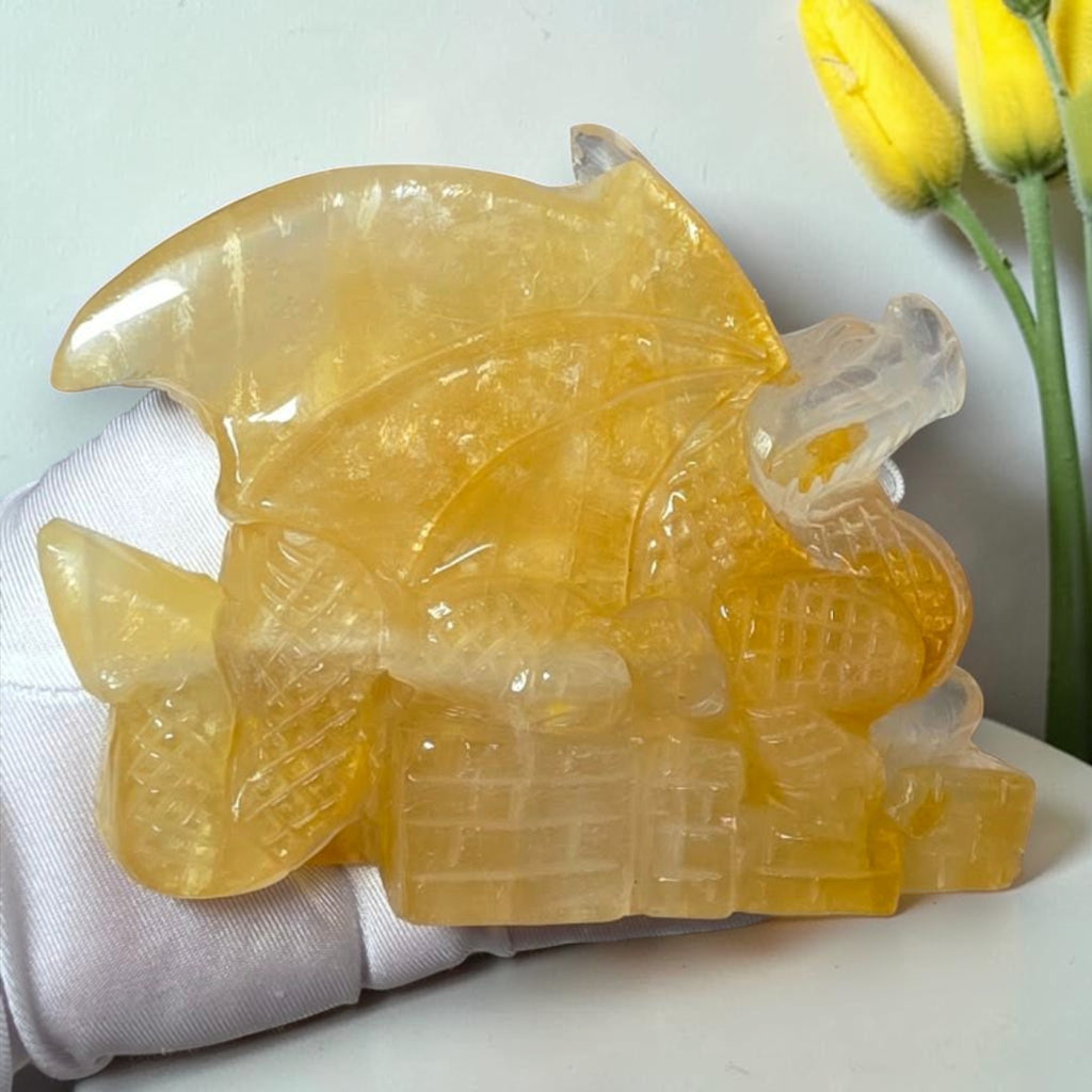 Back view of carved quartz dragon wings