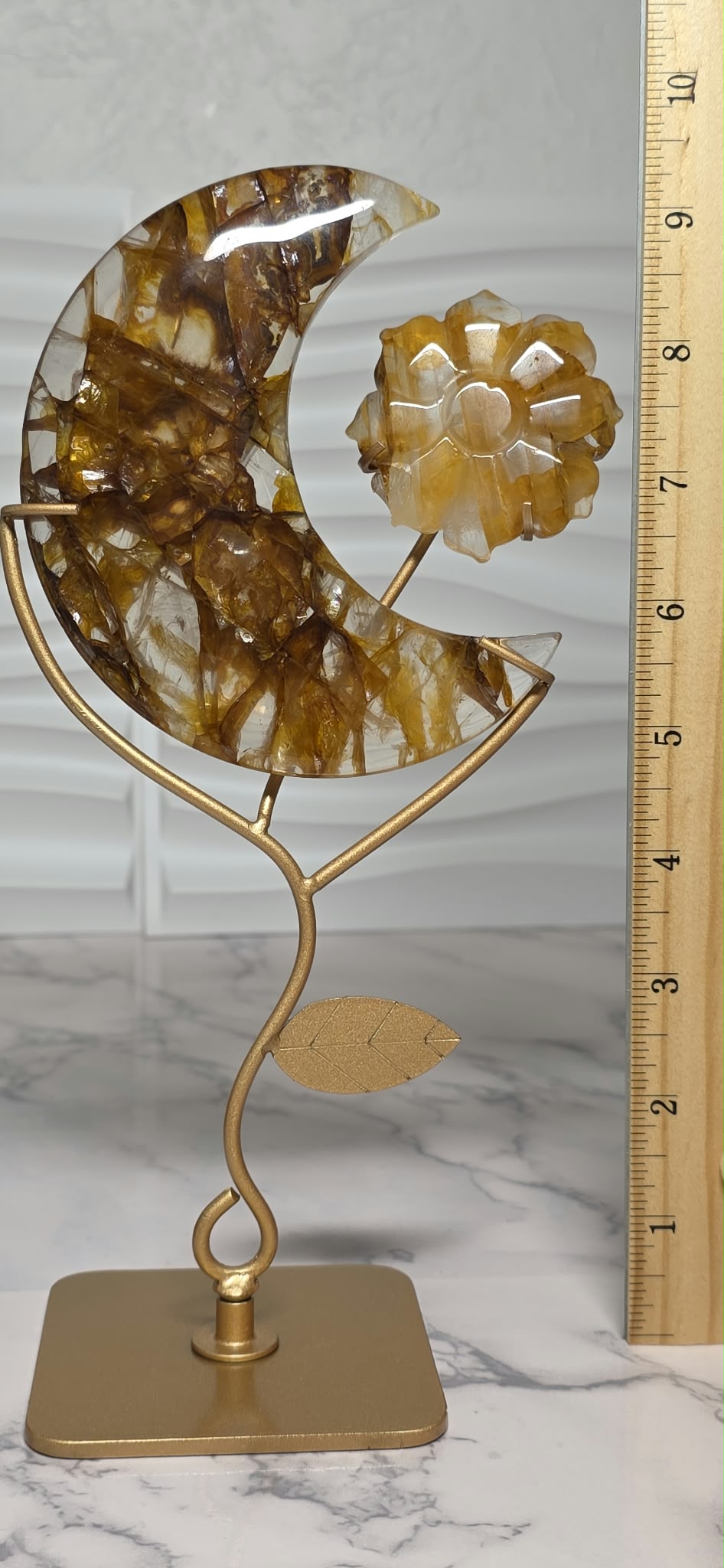 Golden Healer Crescent Moon Sculpture with Flower
