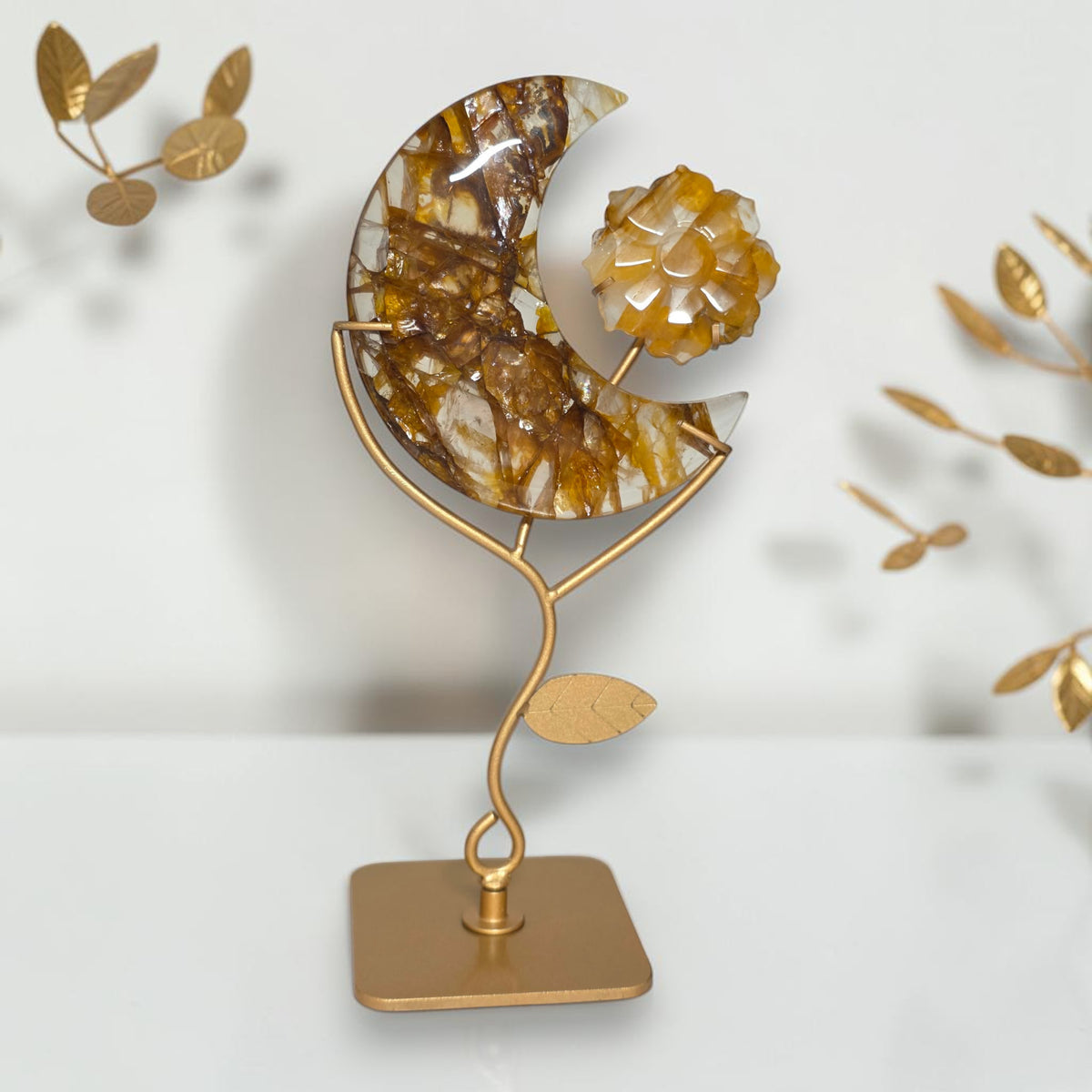 Golden healer moon and crystal flower display styling