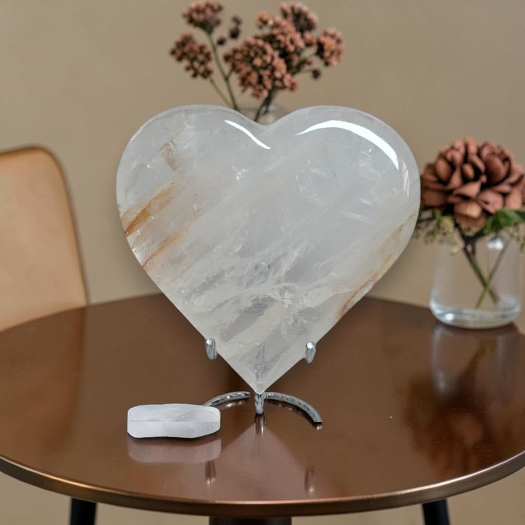 Large Golden Healer Quartz Heart – Polished Crystal Carving, 5.9" Display Piece