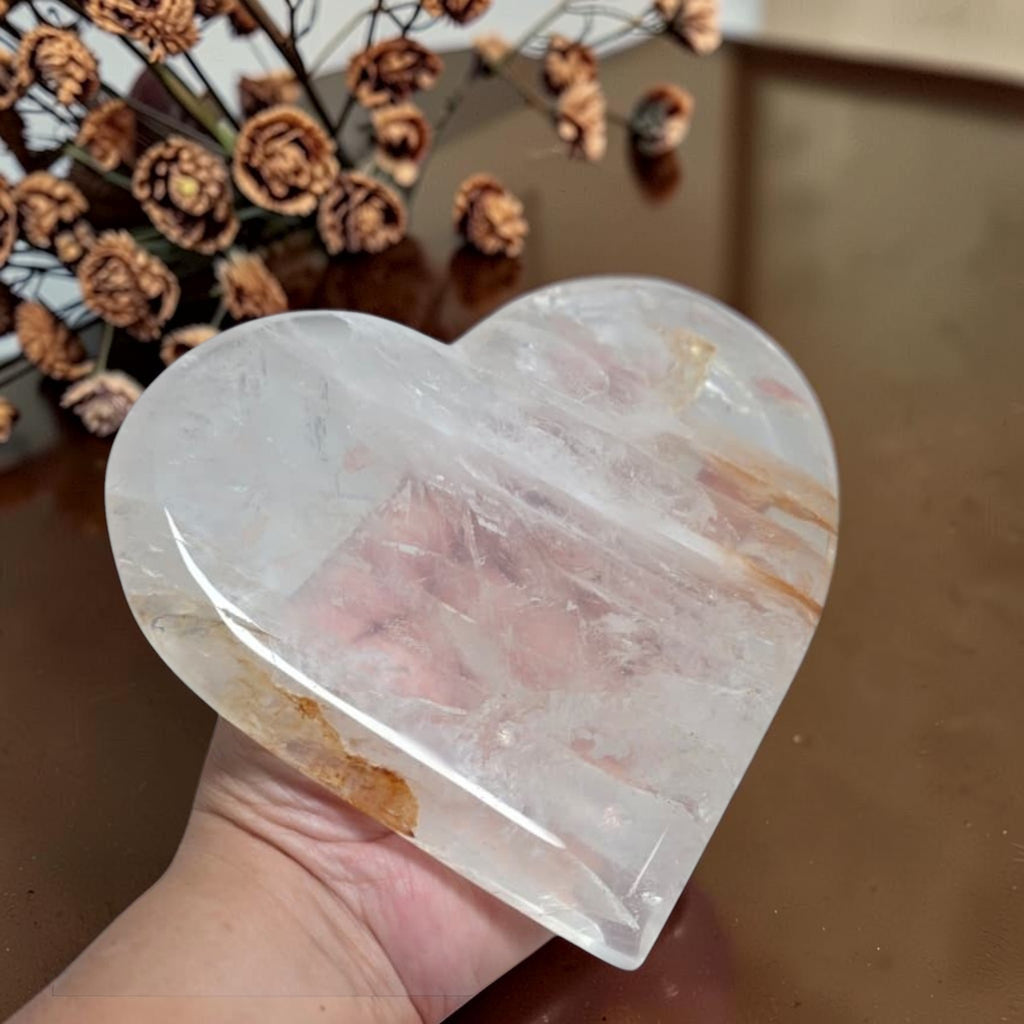 Large Golden Healer Quartz Heart – Polished Crystal Carving, 5.9" Display Piece