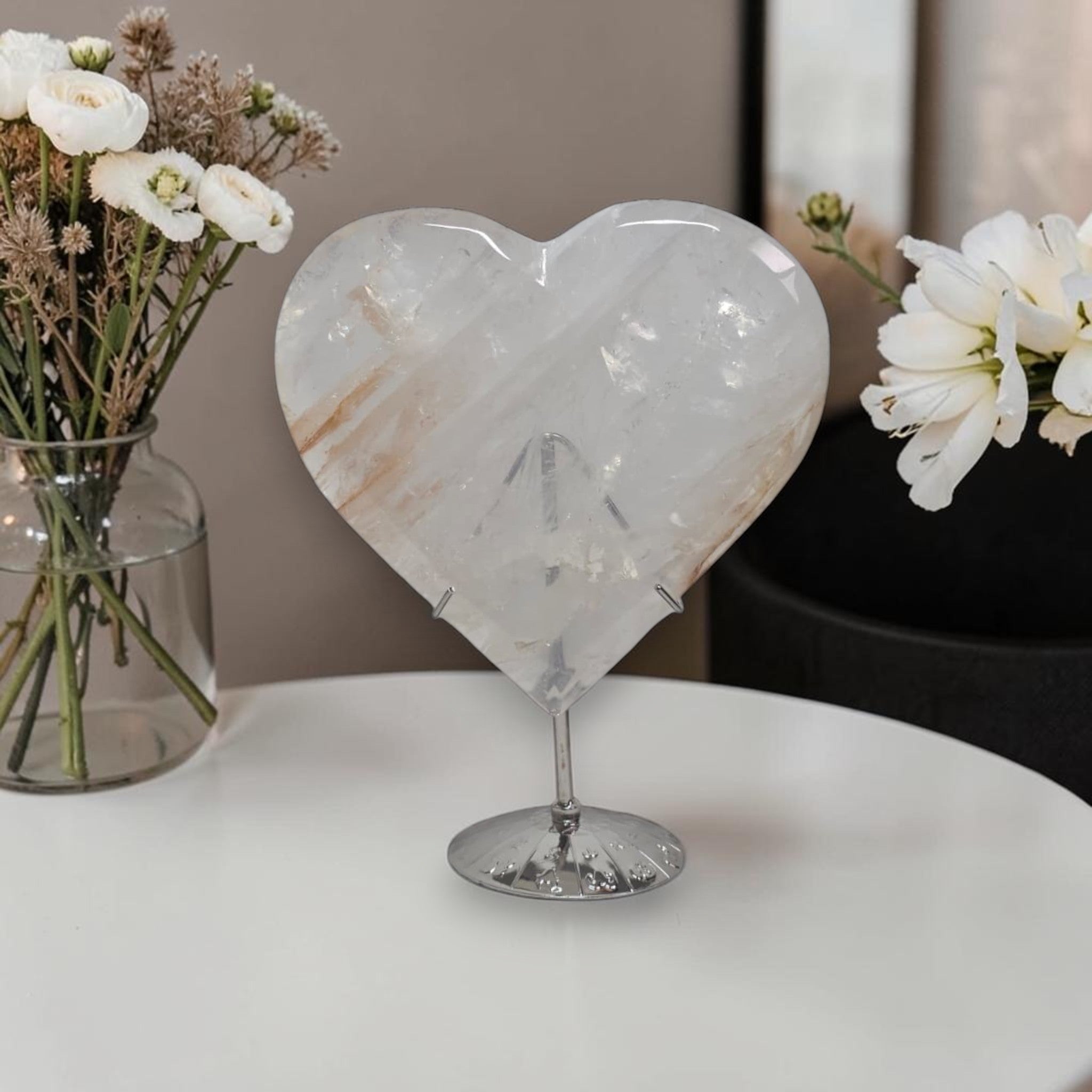 Large Golden Healer Quartz Heart – Polished Crystal Carving, 5.9" Display Piece