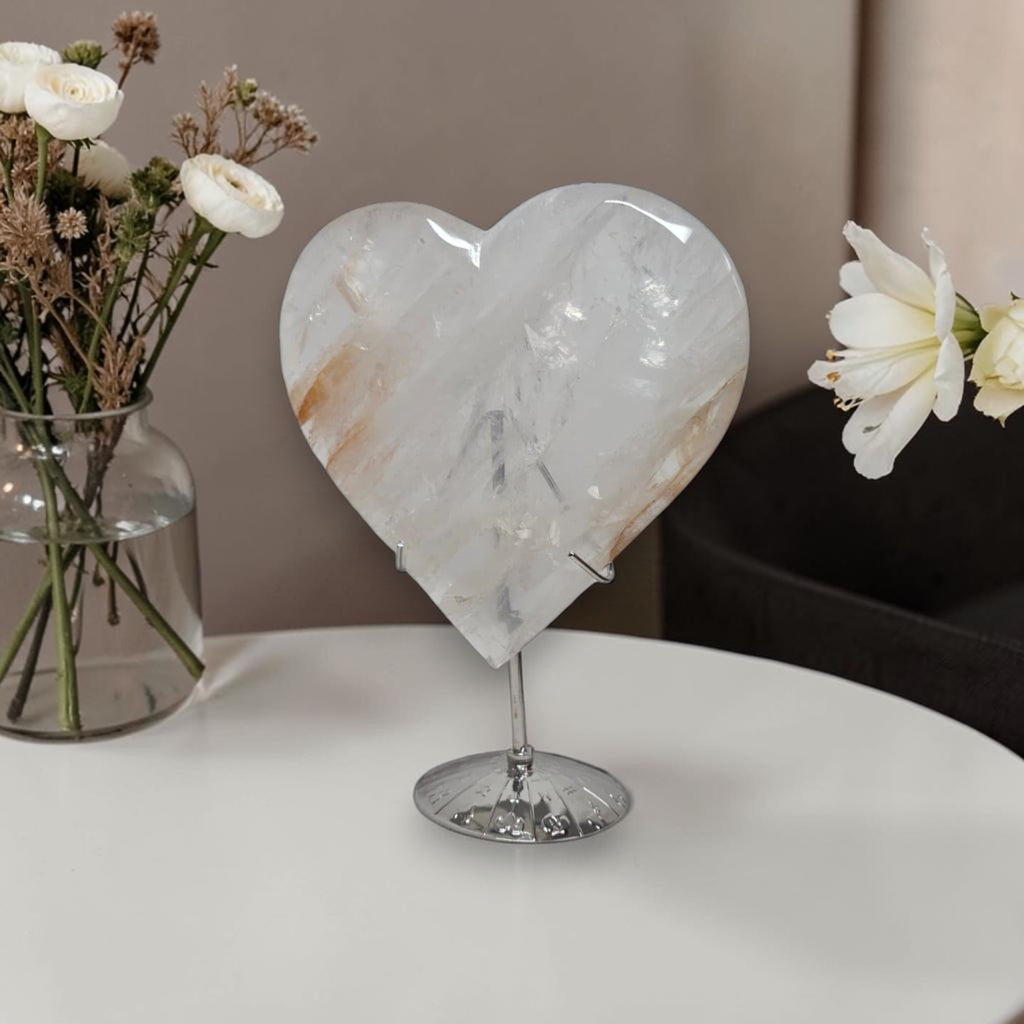 Large Golden Healer Quartz Heart – Polished Crystal Carving, 5.9" Display Piece