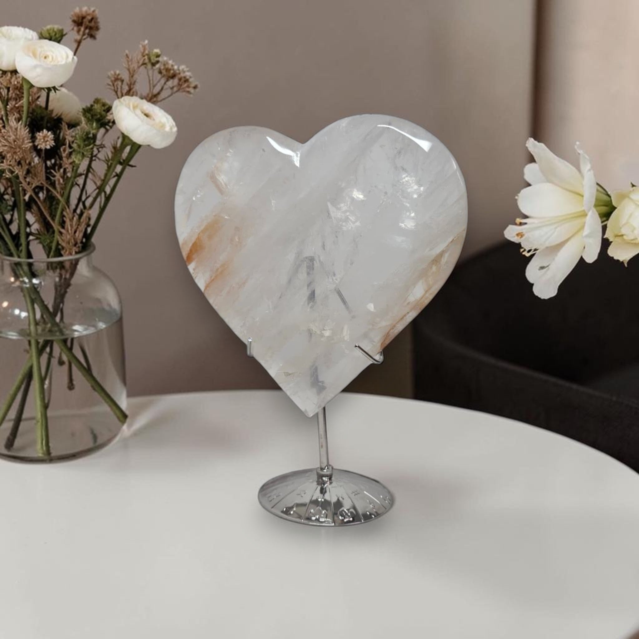Large Golden Healer Quartz Heart – Polished Crystal Carving, 5.9" Display Piece