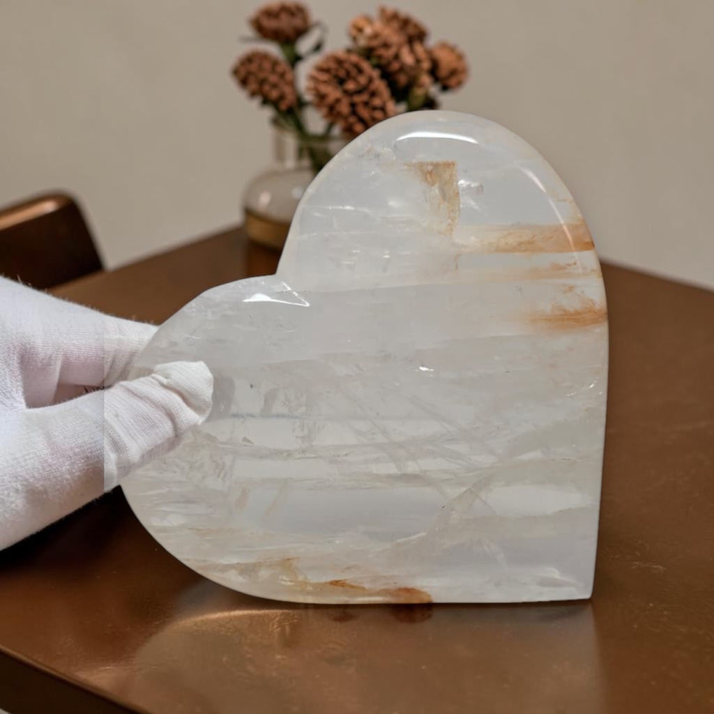 Large Golden Healer Quartz Heart – Polished Crystal Carving, 5.9" Display Piece