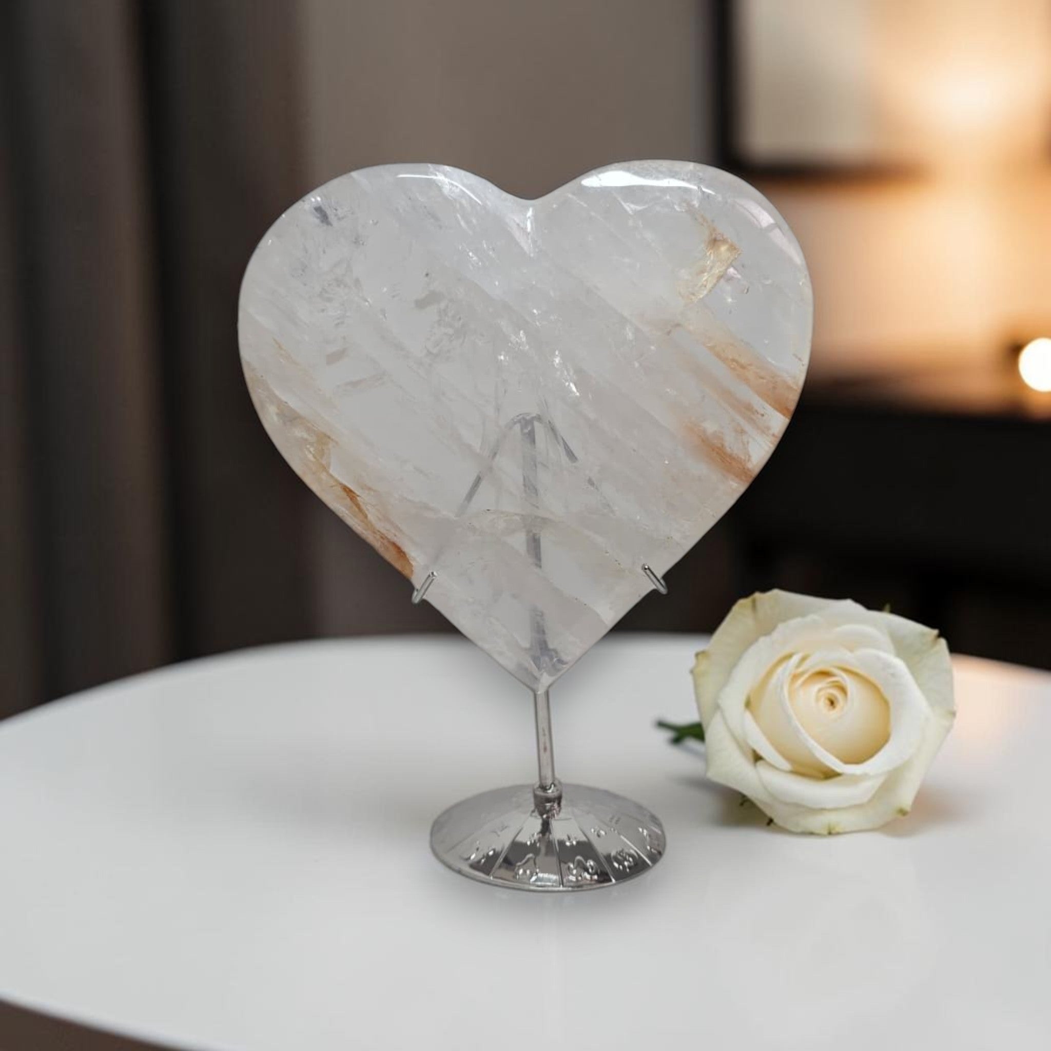 Large Golden Healer Quartz Heart – Polished Crystal Carving, 5.9" Display Piece