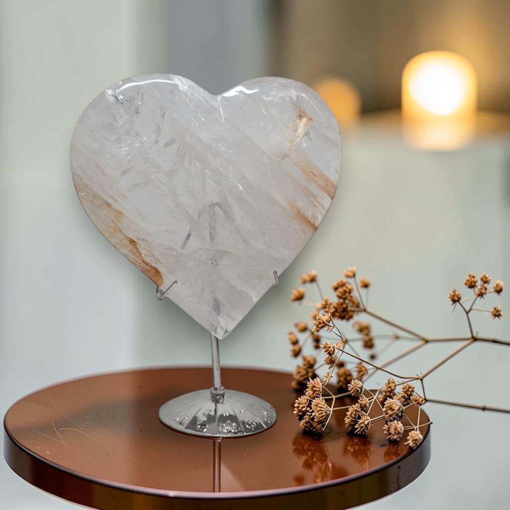 Large Golden Healer Quartz Heart – Polished Crystal Carving, 5.9" Display Piece