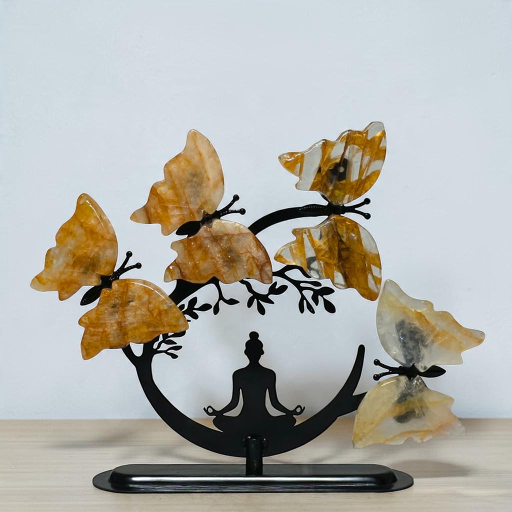 Golden Healer quartz butterfly tree with four butterflies and a seated meditation silhouette