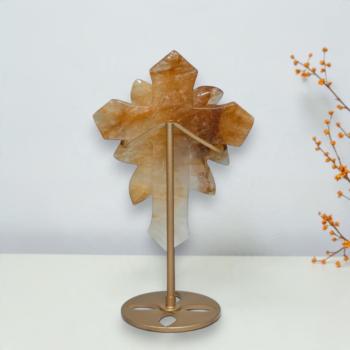 Back view of Golden Healer quartz cross and display stand