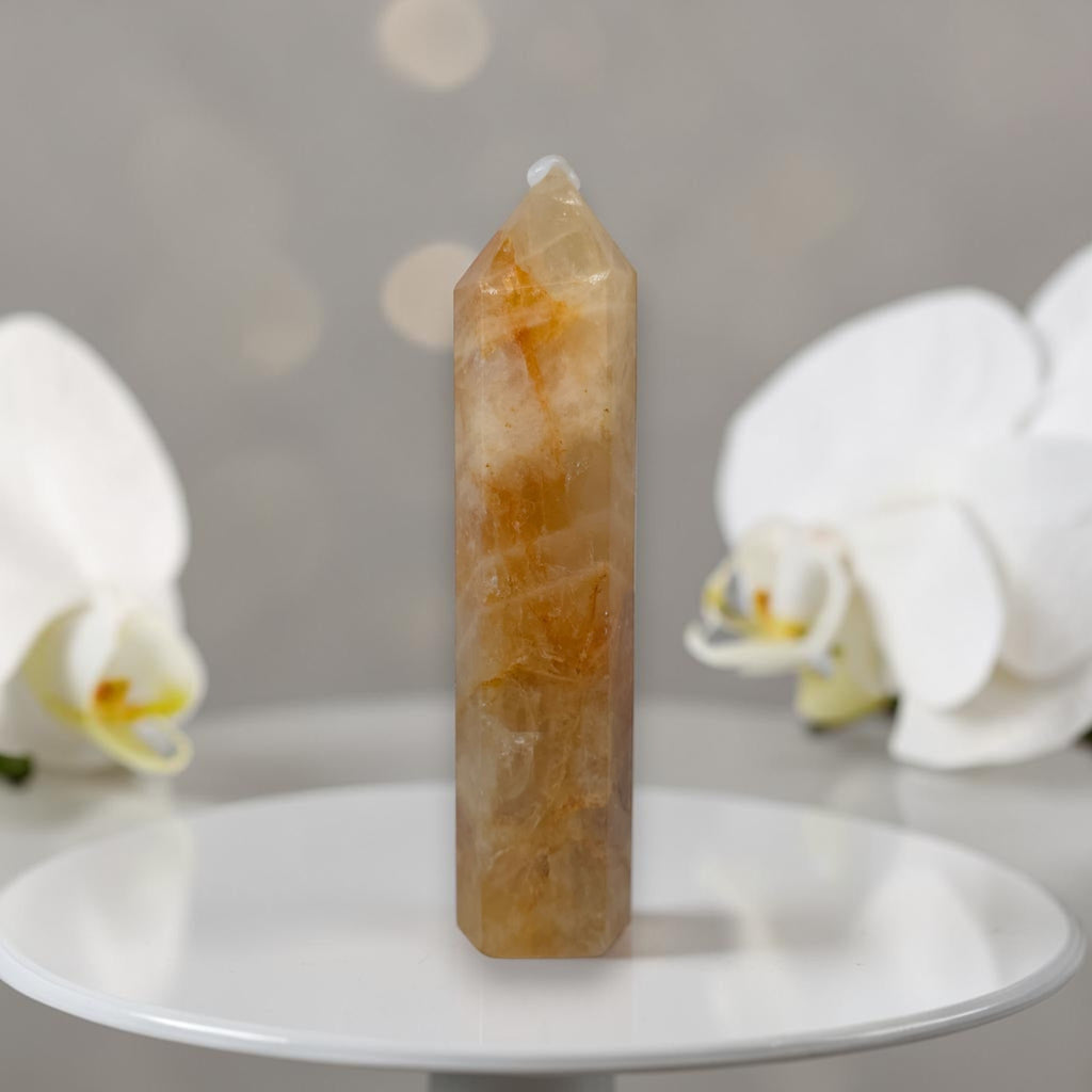 Golden Healer quartz tower crystal point, tall translucent golden crystal.