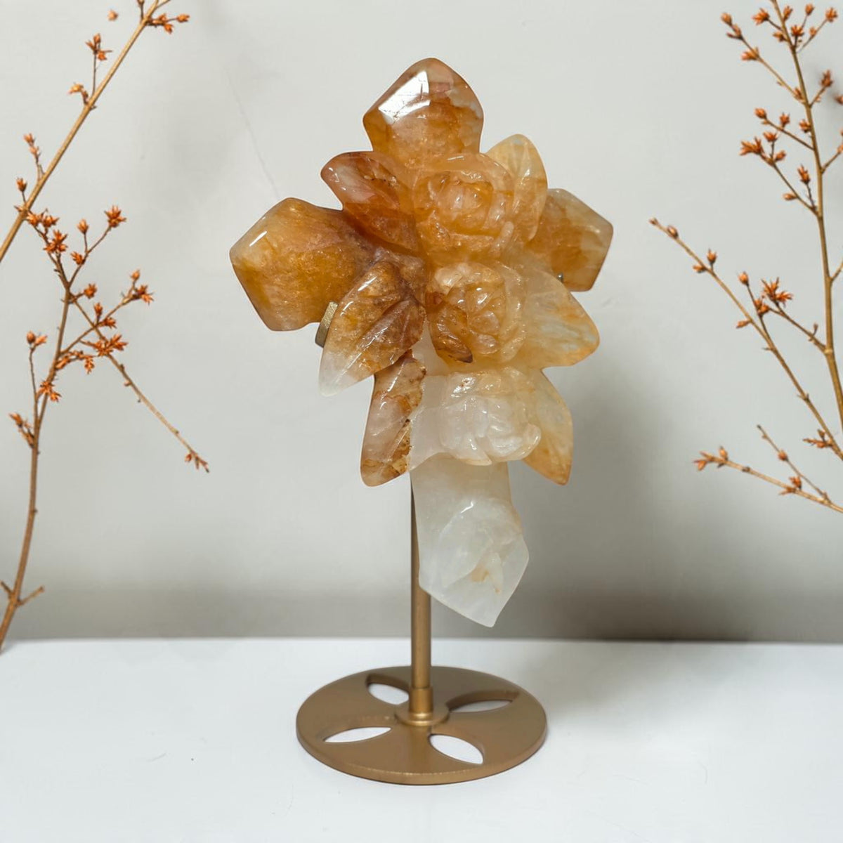 Golden Healer Quartz Rose Cross with Stand