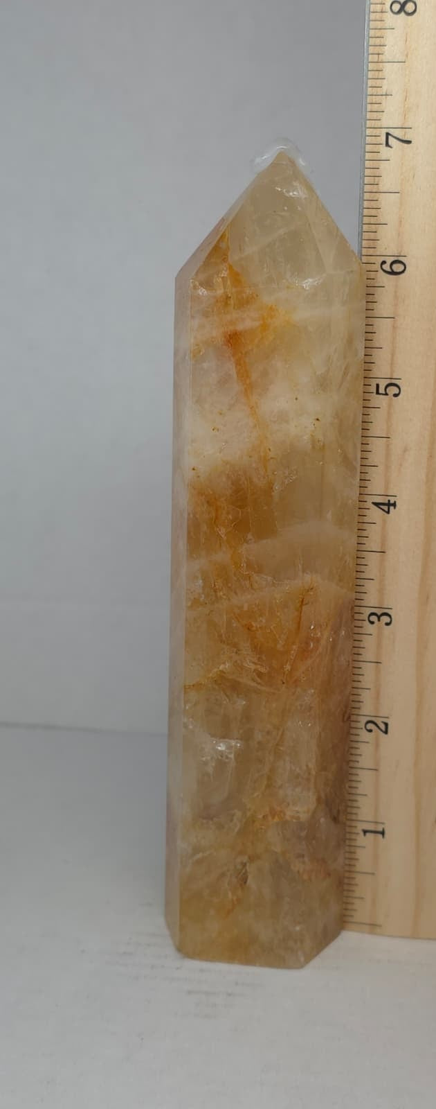 Golden Healer quartz tower crystal point, 7 in tall translucent golden crystal.