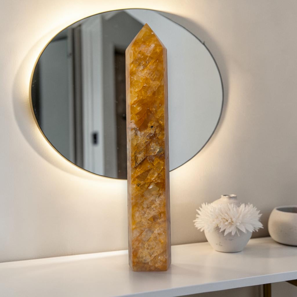 Golden Healer Quartz Tower – Rainbow Flash Crystal Point 9.5"