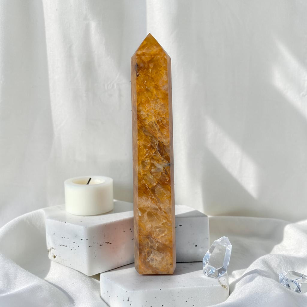 Golden Healer Quartz Tower – Rainbow Flash Crystal Point 9.5"