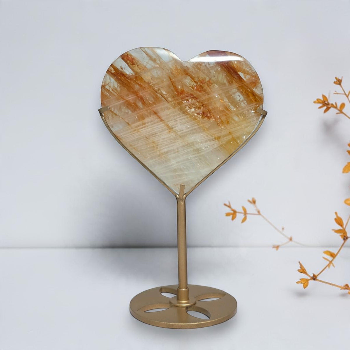 Closeup of honey gold and creamy patterns in the polished quartz heart