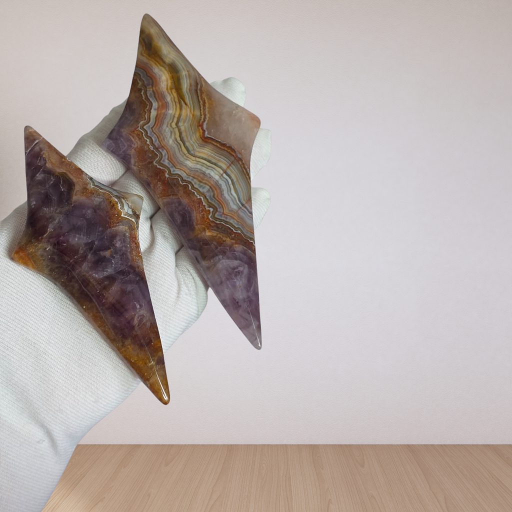 Chevron Amethyst Double Star Sculpture – Gold Stand Crystal Art 12"