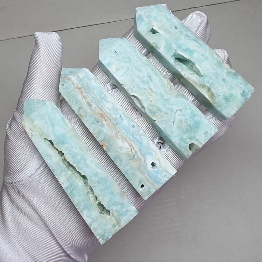 Top view of multiple blue hemimorphite towers showing druzy texture