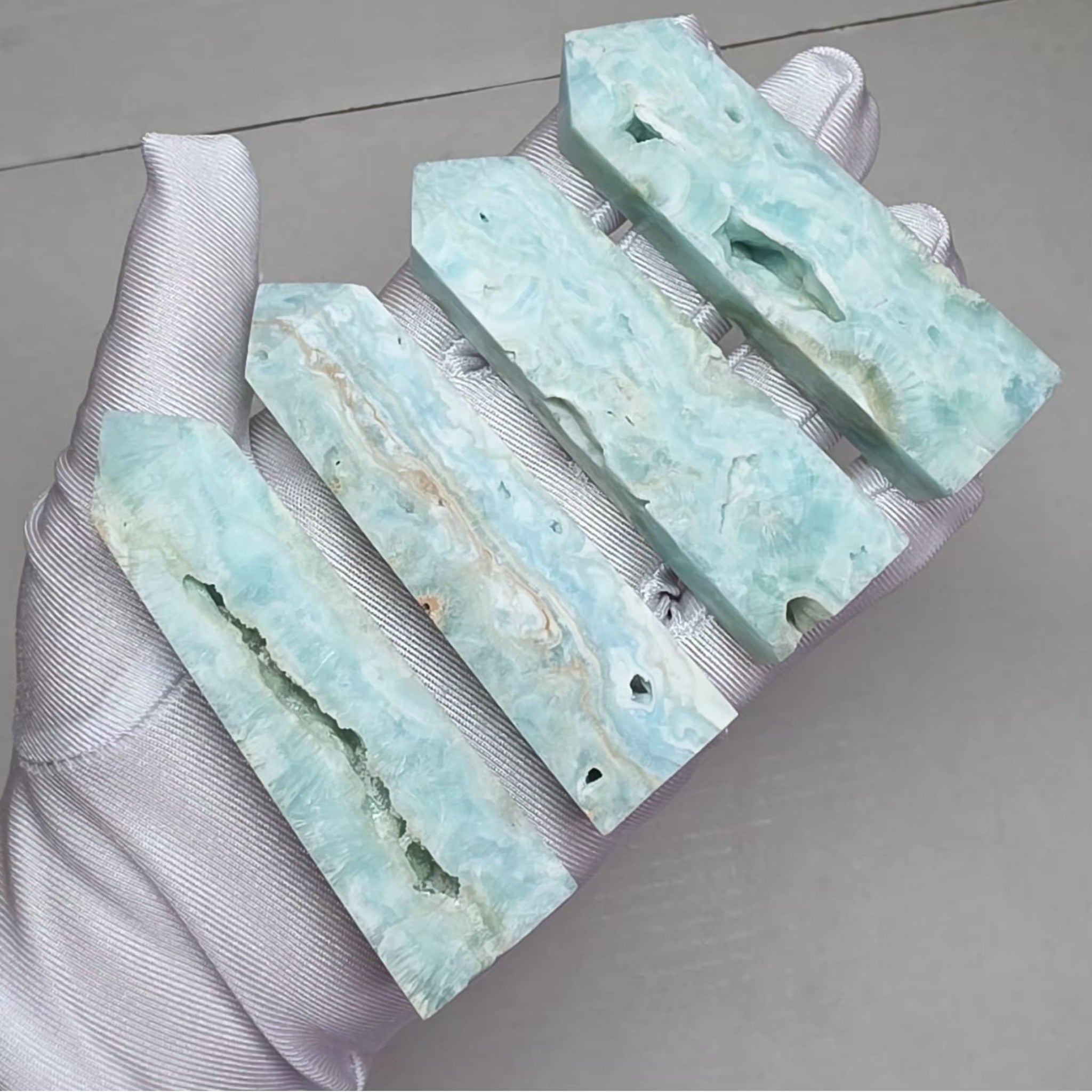 Top view of multiple blue hemimorphite towers showing druzy texture