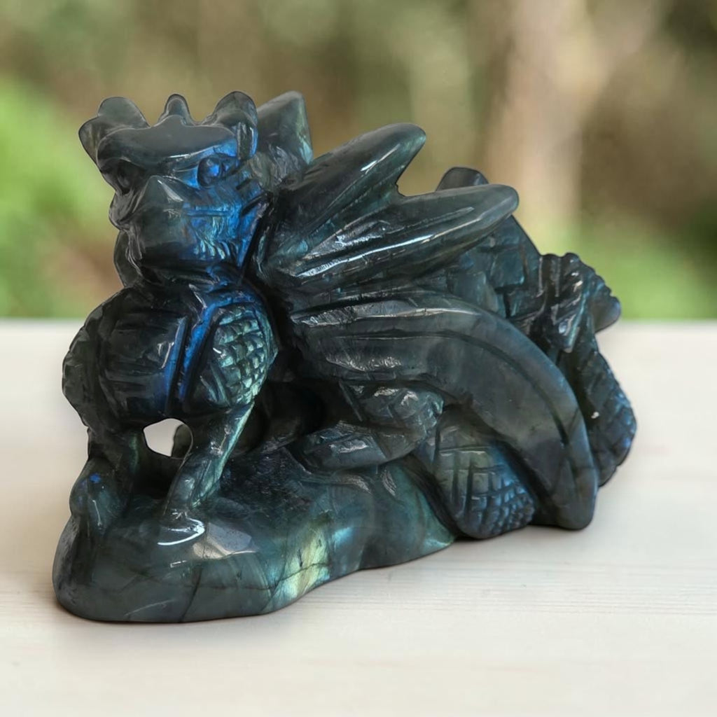 Reverse side of the labradorite dragon carving