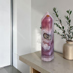 Purple agate crystal point tower with white banding and dark druzy pocket