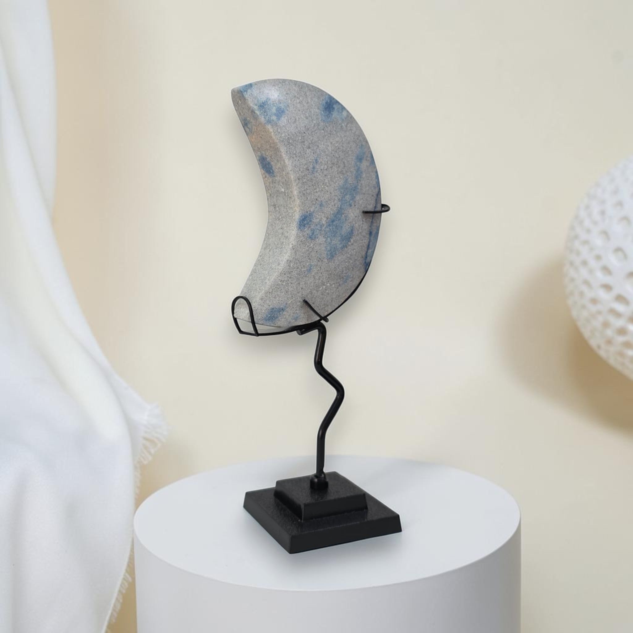K2 Jasper Crescent Moon Crystal Carving on Stand | Blue Azurite Granite Decor