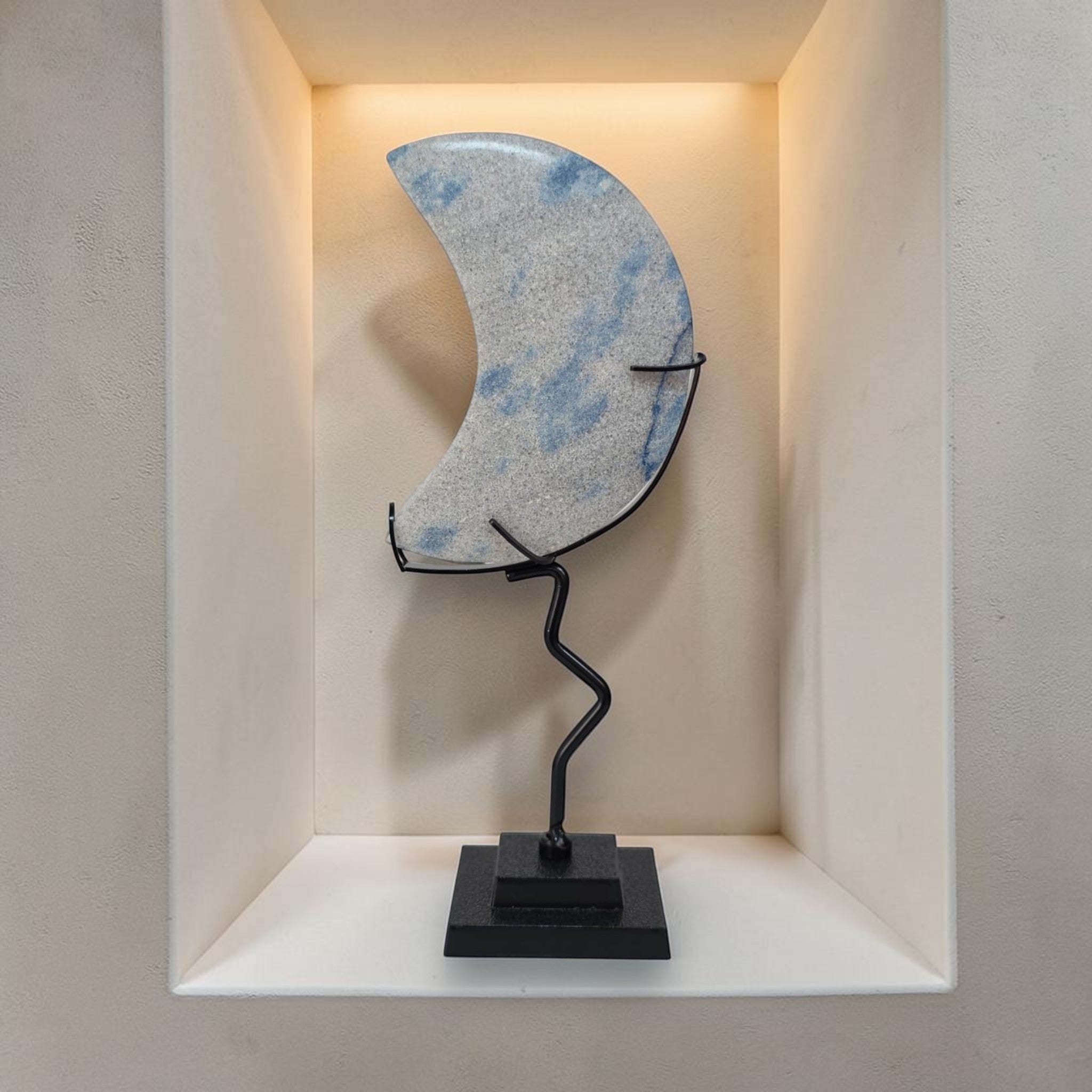 K2 Jasper Crescent Moon Crystal Carving on Stand | Blue Azurite Granite Decor