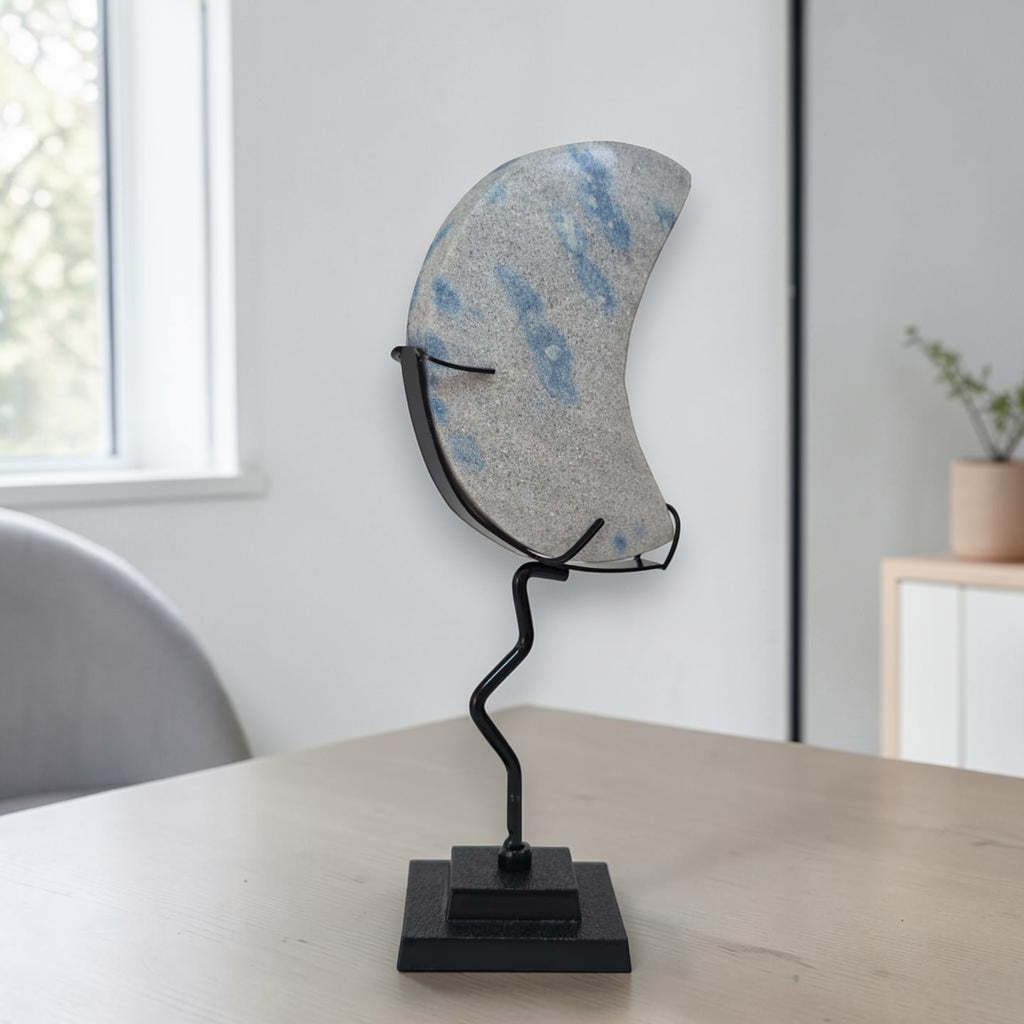 K2 Jasper Crescent Moon Crystal Carving on Stand | Blue Azurite Granite Decor