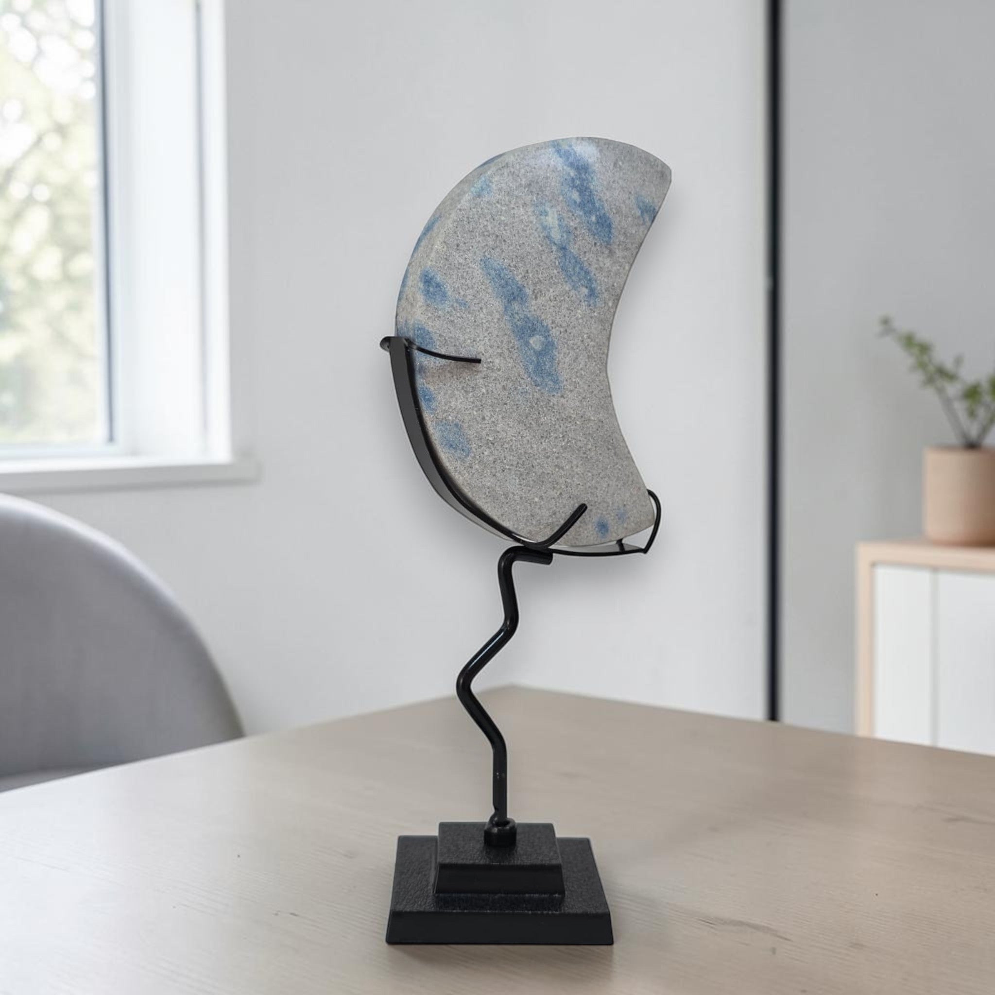 K2 Jasper Crescent Moon Crystal Carving on Stand | Blue Azurite Granite Decor