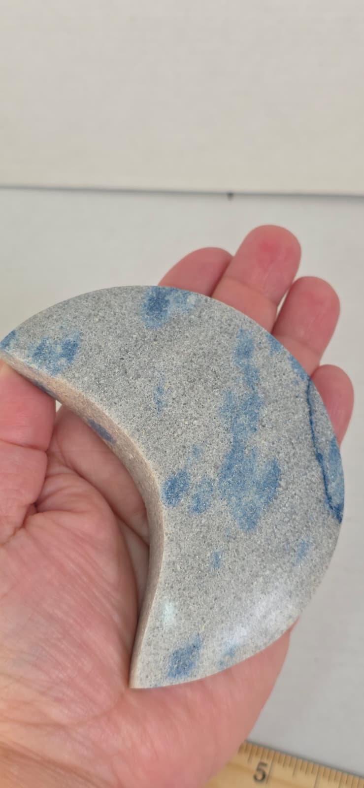 K2 Jasper Crescent Moon Crystal Carving on Stand | Blue Azurite Granite Decor