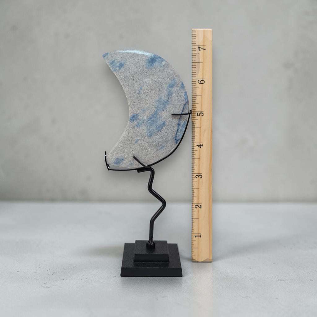 K2 Jasper Crescent Moon Crystal Carving on Stand | Blue Azurite Granite Decor