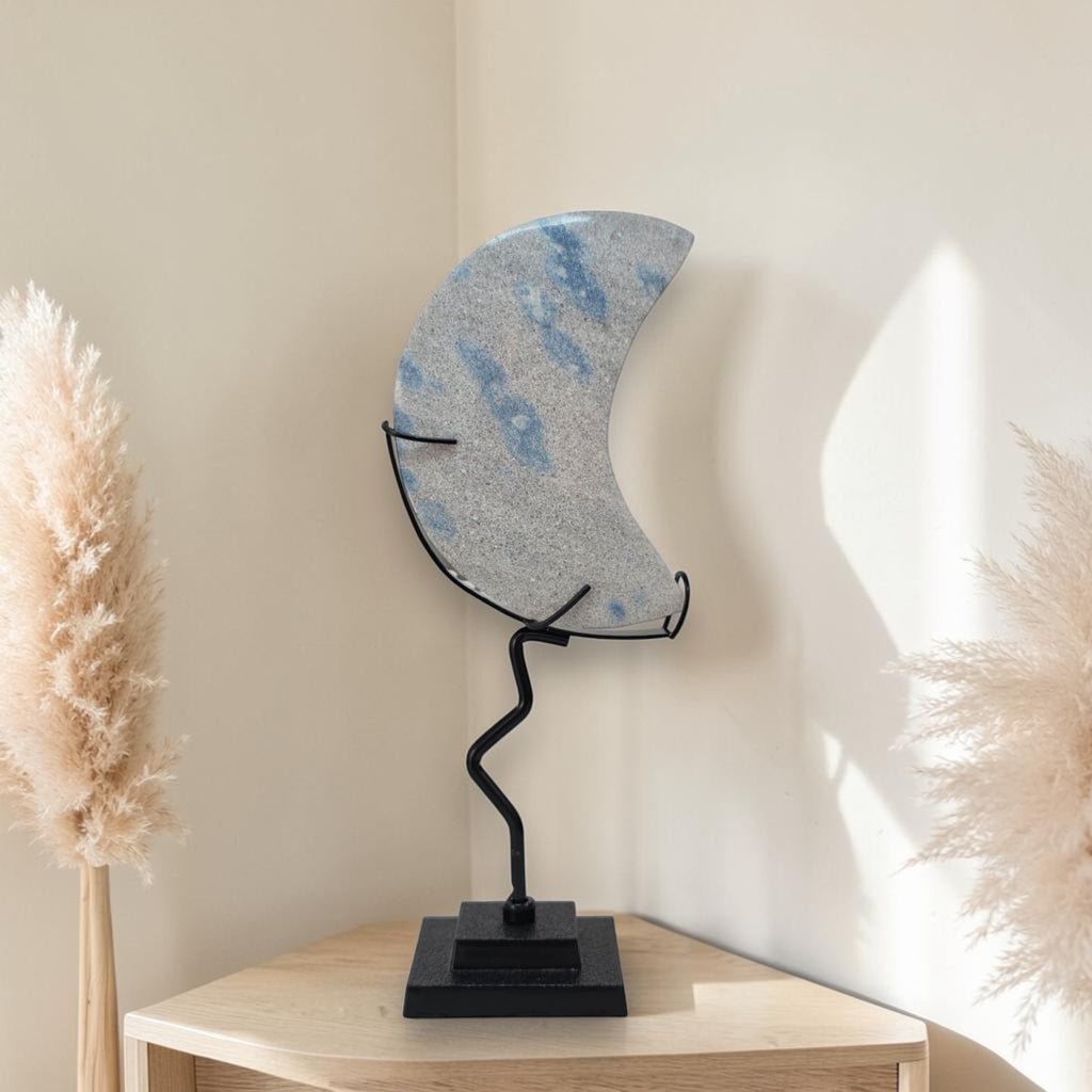 K2 Jasper Crescent Moon Crystal Carving on Stand | Blue Azurite Granite Decor