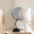 K2 Jasper Crescent Moon Crystal Carving on Stand | Blue Azurite Granite Decor