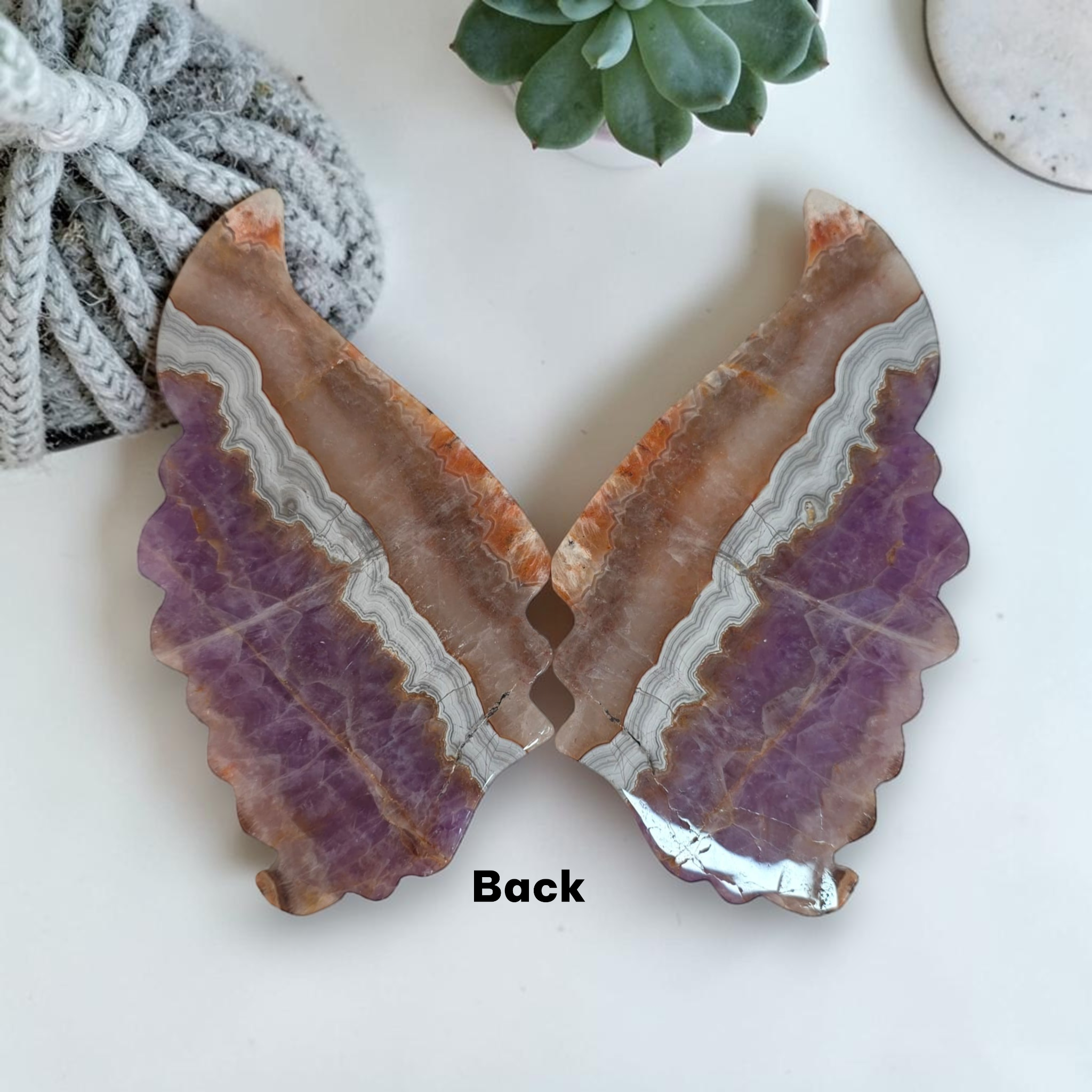 Butterfly wing pair on stand, back view, purple and tan stone with cream banding