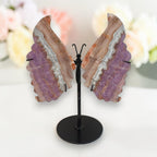Amethyst lace agate butterfly wings on black display stand, purple and cream veining