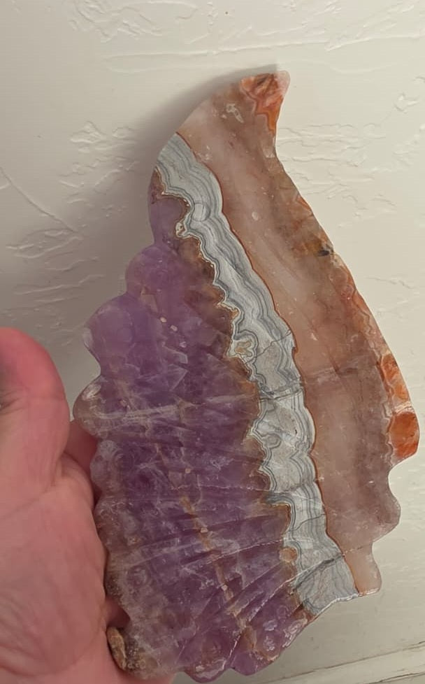 Handheld purple and tan agate butterfly wing, cream veining and scalloped edge