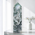 Green moss agate drusy tower, tall hexagonal shape, full view