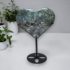 Moss agate druzy heart on stand, second angle showing sparkling druzy surface