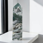 Green moss agate druzy crystal tower, pointed top with white geode bands