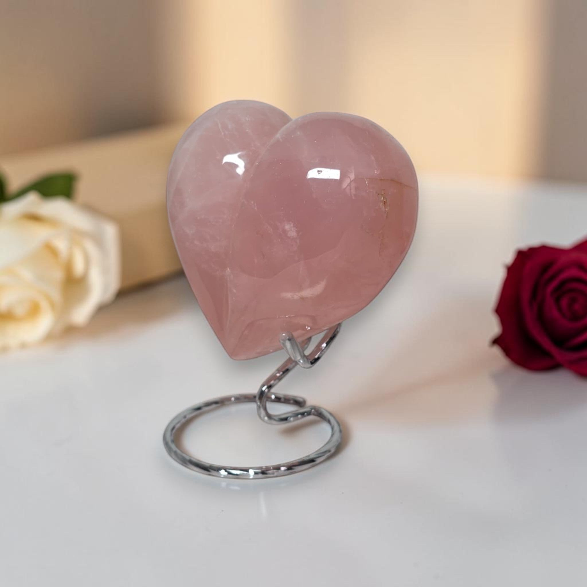 Large Rose Quartz Heart – Puffy Polished Crystal Carving, 3.7" Wide