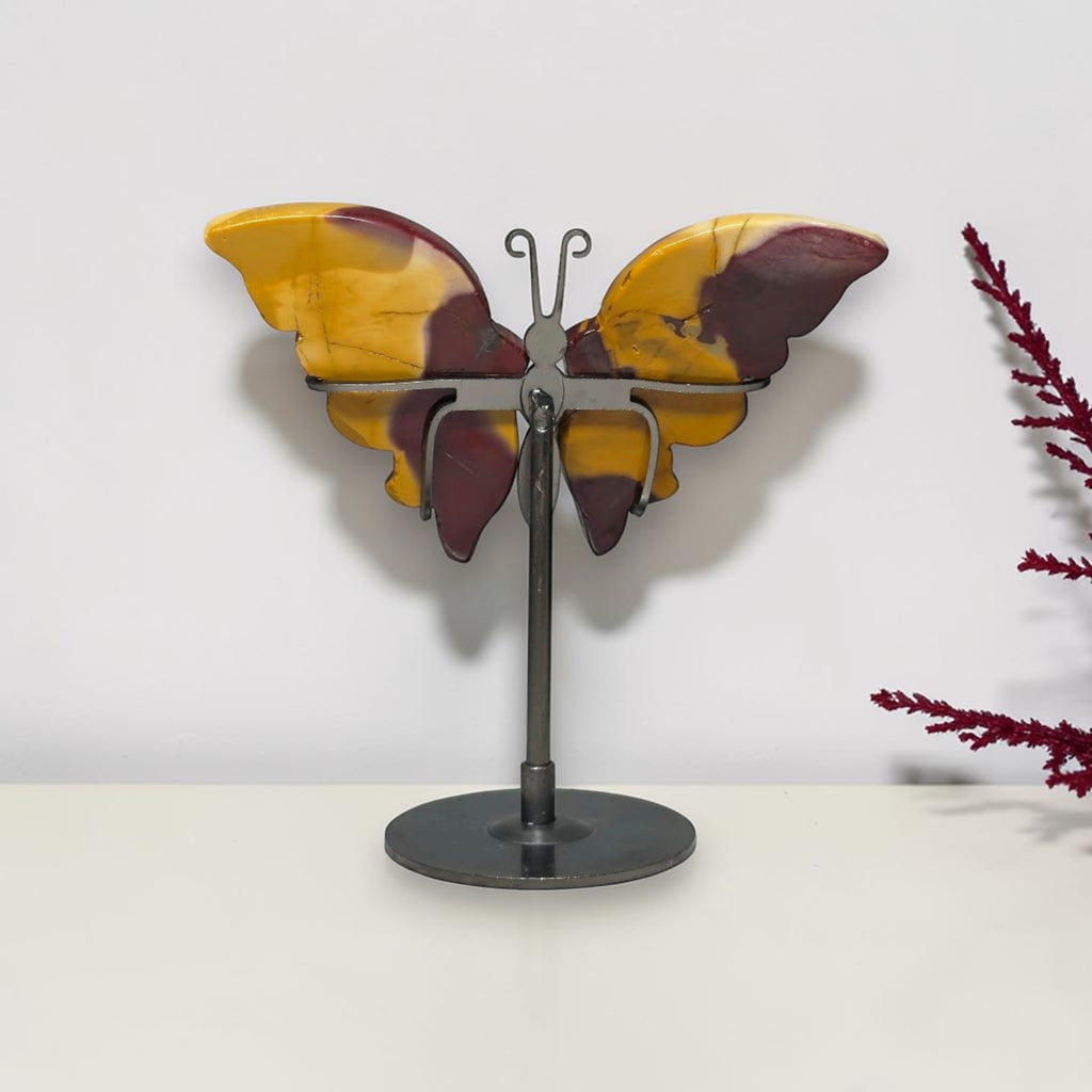 Back view of Mookaite Jasper butterfly wings and metal stand