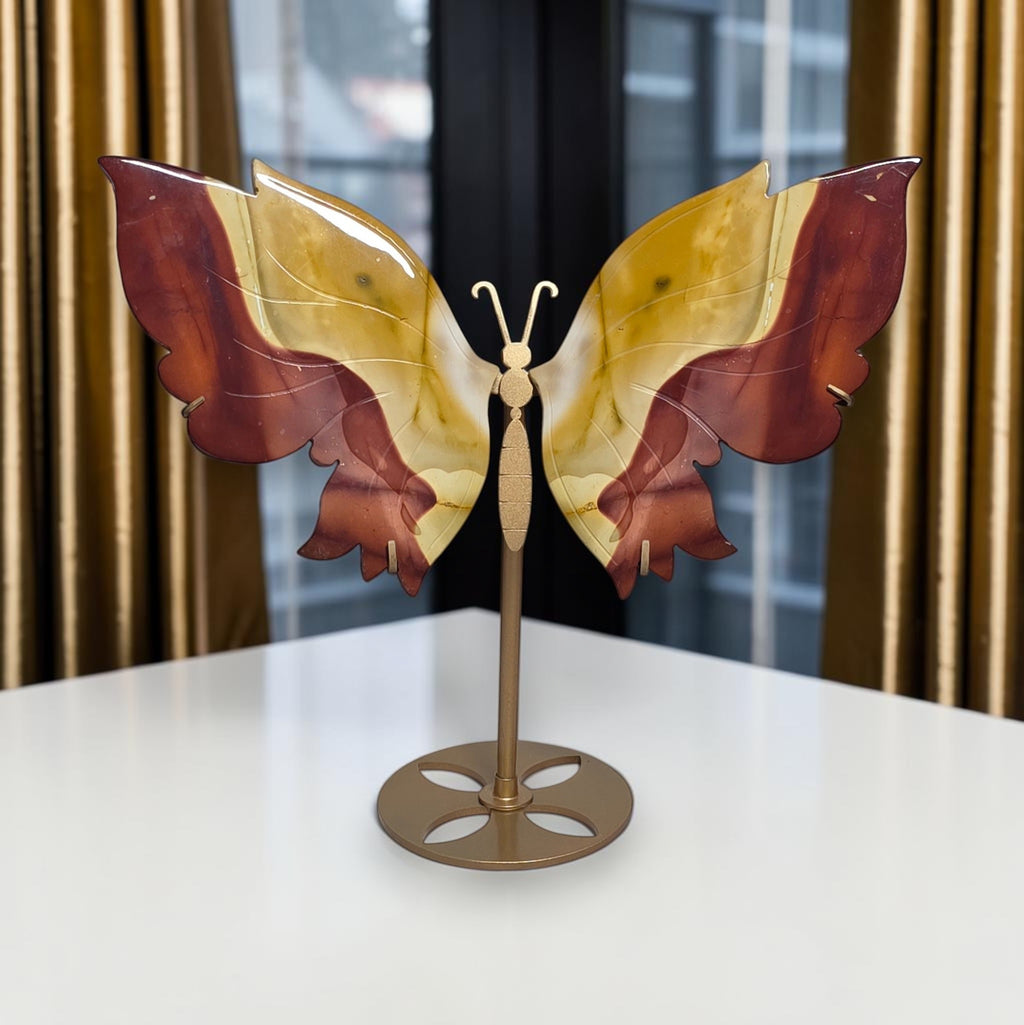 Front view of the Mookaite jasper butterfly sculpture on stand