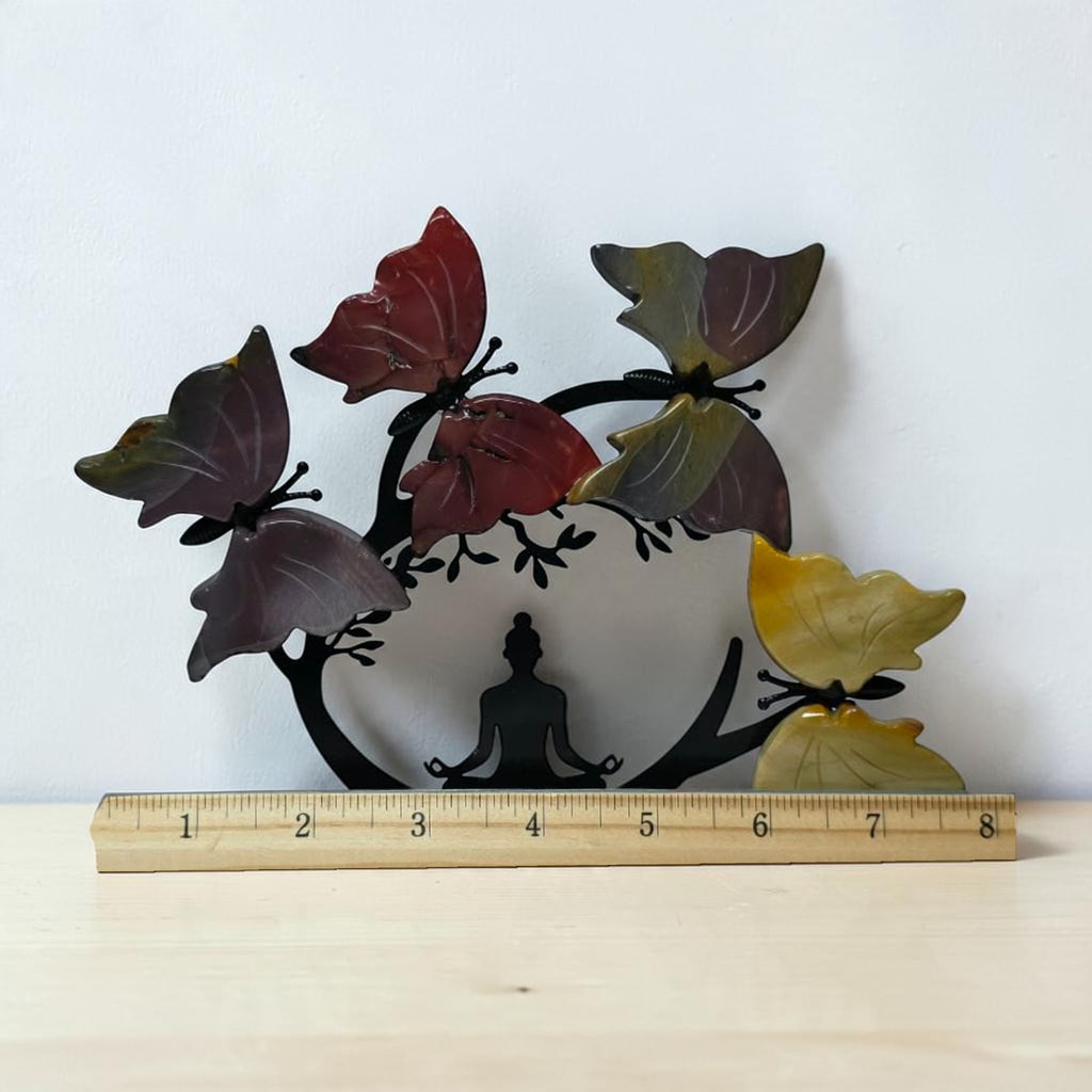 Mookaite butterfly sculpture width shown against an inch ruler