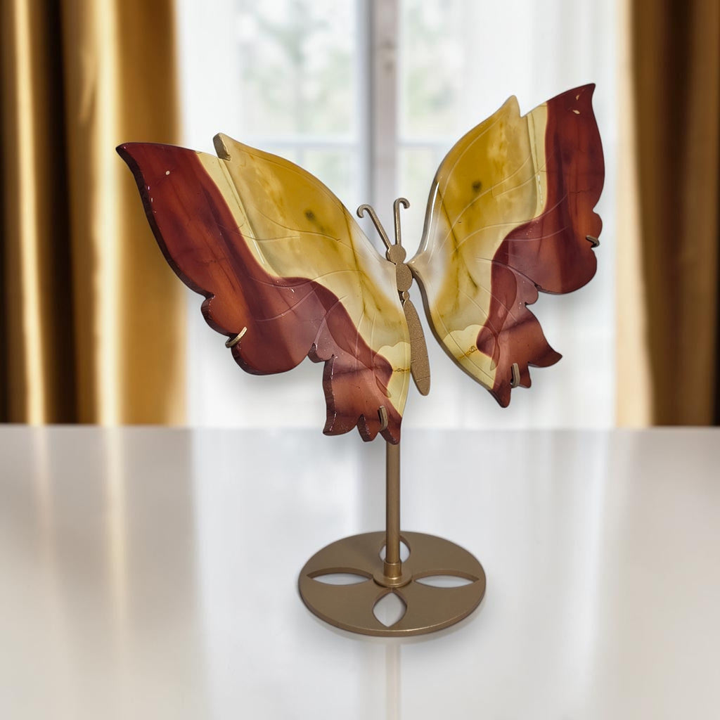 Side view of the Mookaite jasper butterfly carving