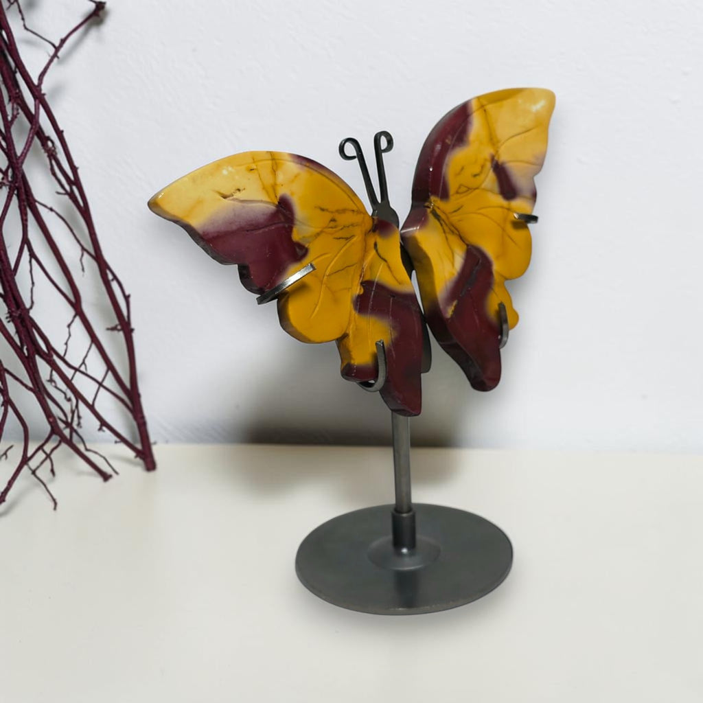 Angled view of yellow and burgundy Mookaite Jasper butterfly