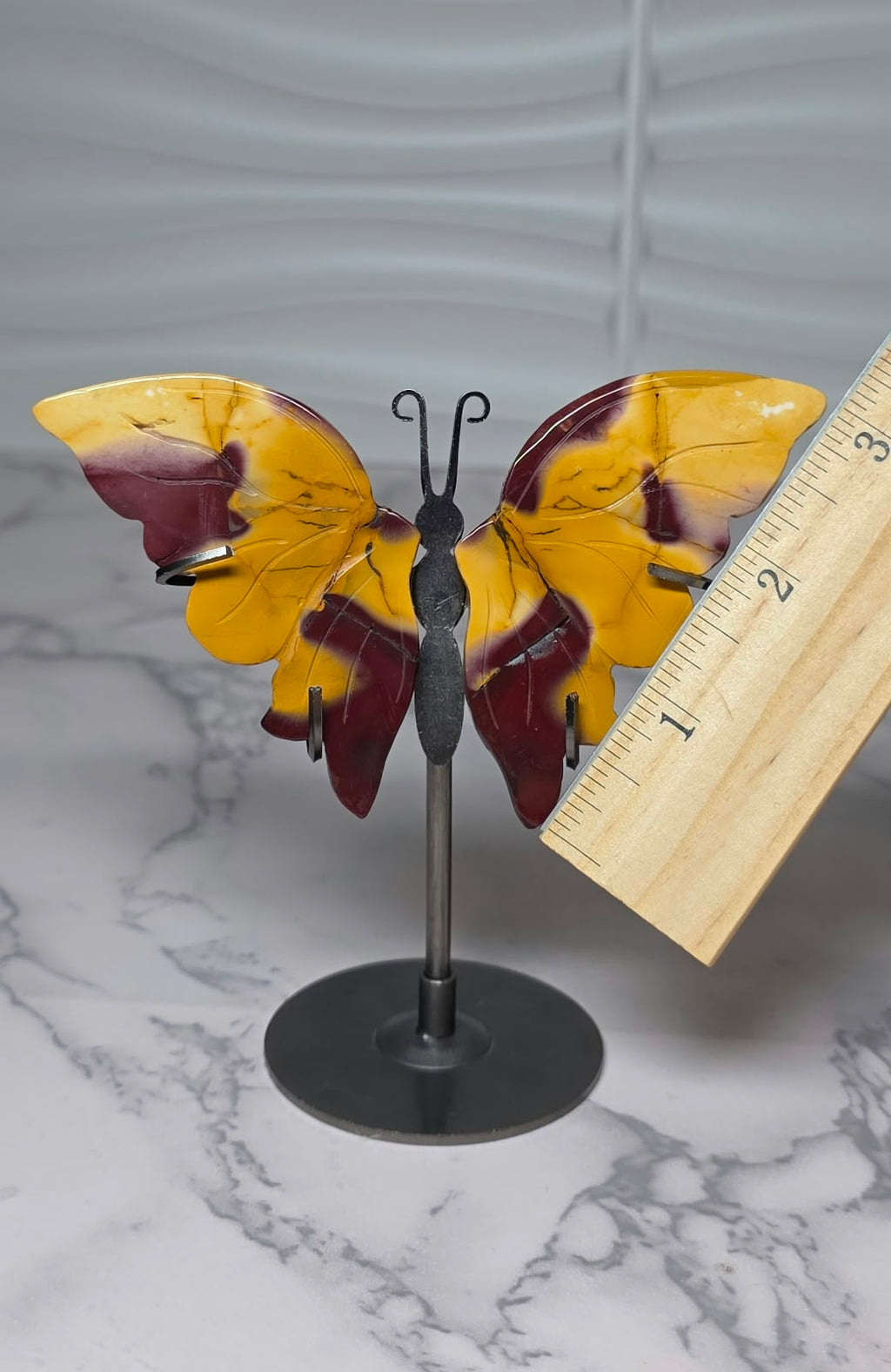 Mookaite Jasper butterfly display with ruler beside the wing